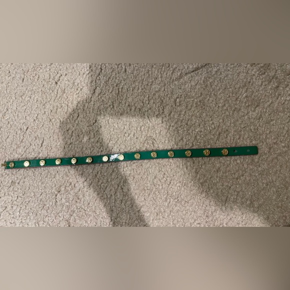 TORY BURCH Leather Strap Logo Studded Double Wrap Bracelet Green Pink Gold LN* - Picture 6 of 7